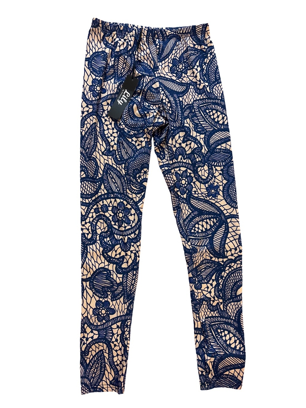 Lilly by Firmiana Navy Floral Lace Print Leggings - Blue on Cream